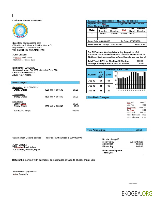 Nigeria Nigerian electricity regulatory commission electricity bill in word format template